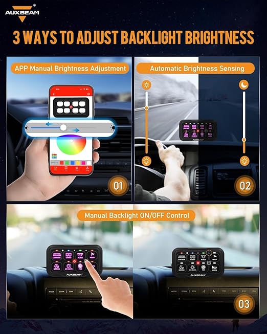 Auxbeam 8 Gang Switch Panel Bluetooth RGB AC-800 with APP&Remote Control Toggle Momentary Pulsed Switch Pod Off Backlight for Truck Offroad UTV ATV Car Marine 12-24V Waterproof 2 Years Warranty