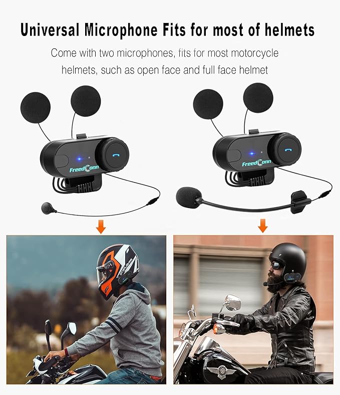 FreedConn Motorcycle Bluetooth Headset, TCOM VB 2-Way 800M Helmet Communication Systems,Motorbike Bluetooth Intercom, intercomunicador para motos/FM/BT5.0/Siri/2 in 1 Mic for full/3/4 Helmet(2Pack)
