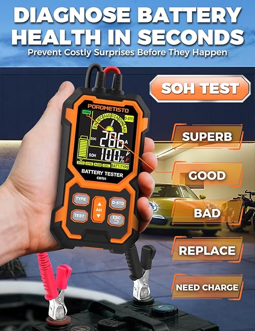 12V 24V Car Battery Tester, POROMETISTO CBT01 Automotive Battery Checker, Auto Battery Voltage Internal Resistance Tester, Battery Analyzer Tester for Car Truck Motorcycle SUV Boat ATVs RVs