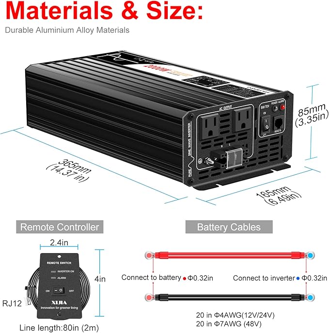 2000W (Peak Power 4000W) Pure Sine Wave dc to ac Inverter Remote Switch DC 24V to AC 120V 60HZ Solar Converter for Home car&Yacht (DC24V (Range 20V-30V) 2000W)