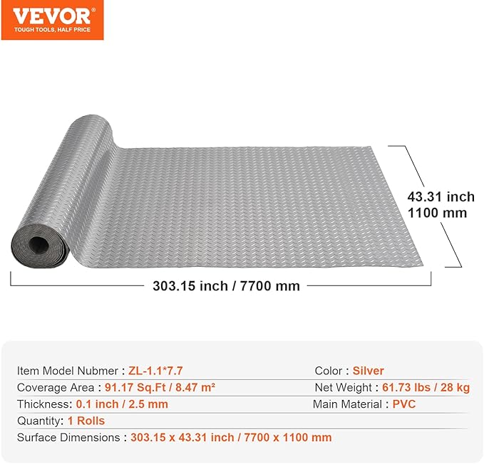 VEVOR Garage Floor Mat, 25.5 x 3.6 FT PVC Garage Flooring Roll, 2.5mm Thickness, Non-Slip Diamond Texture, 91.17 sq.ft Covering Space, Garage Mats for Under Cars for Gyms Boats Trailer, Silver Gray