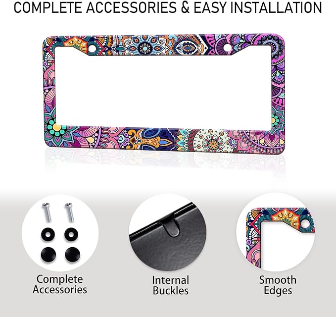 Mandala License Plate Frame, Boho Floral License Plate Holder, Flower Car Tag Holder Metal Aluminum Rustproof Car Accessories for Women Men 2 Holes with Screw Caps