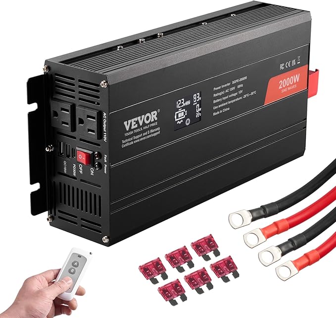 VEVOR Pure Sine Wave Inverter, 2000 Watt, DC 12V to AC 120V Power Inverter with 2 AC Outlets 2 USB Port 1 Type-C Port, LCD Display and Remote Controller for Medium-Sized Household Equipment, CE FCC