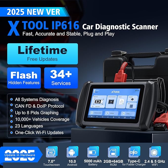 XTOOL IP616 V2.0 OBD2 Scanner Diagnostic Tool with 34+ Resets, Lifetime Free Update Scanner for Car, CAN FD & DoIP, ECU Configuration, Full Systems Scan Tool, Android 10