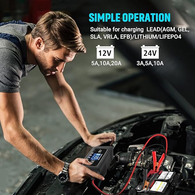 20Amp Smart Lithium Battery Charger, 12V and 24V, Lifepo4, Lead-Acid (AGM/Gel/SLA.) Car Battery Charger, Maintainer Cycle Charger Trickle Charger Battery Desulfator for Boat, Motorcycle