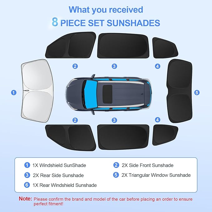 8pcs Car Window Shades for Volkswagen VW Atlas 2018-2025 Accessories,Windshield Side Rear Full Sunshade,Sun Visor UV Blocking, Privacy Protection and Blackout for Camping Outdoor