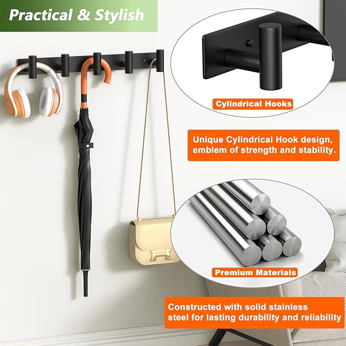 Coat Rack Wall Mounted with 5 Hooks,Metal Wall Hooks for Hanging Towel Coat Bag, Stainless Steel Coat Hooks Hat Rack Coat Hanger Towel Hooks for Entryway Bathroom Kitchen (Black, 2 Packs)