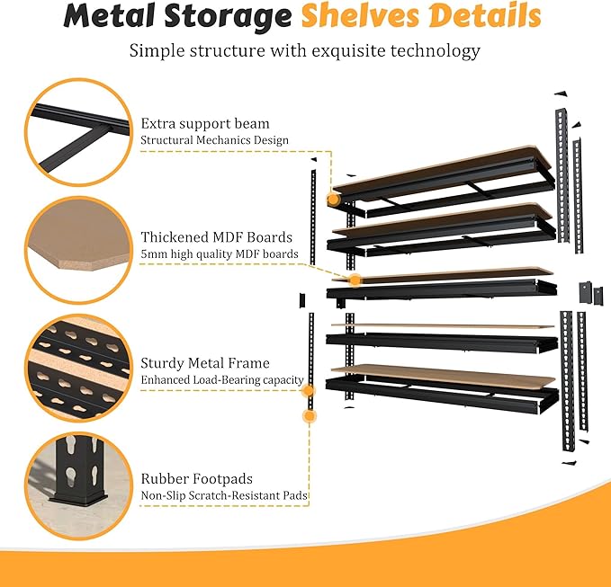 MUPATER 47.83" W x 23.82" D x 72.05" H Metal Storage Shelf, 5 Tier Adjustable Garage Shelving Unit, Standing Utility Rack for Warehouse Kitchen