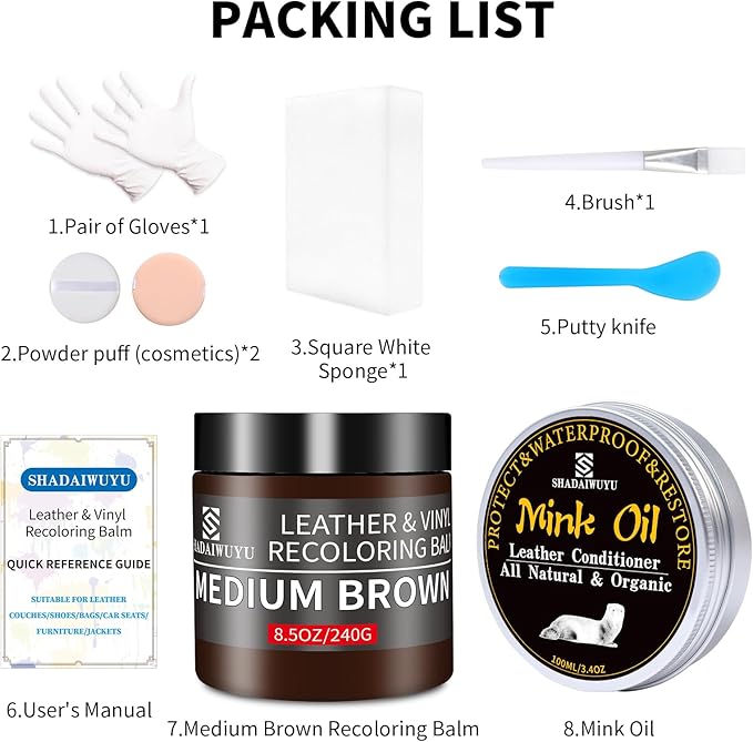 8.5oz Leather Recoloring Balm with 100ml Mink Oil,Medium Brown Leather Repair kit for Furniture and Car Interior,Leather Couch Scratch Repair,Leather Dye Paint,Mink Oil for Leather
