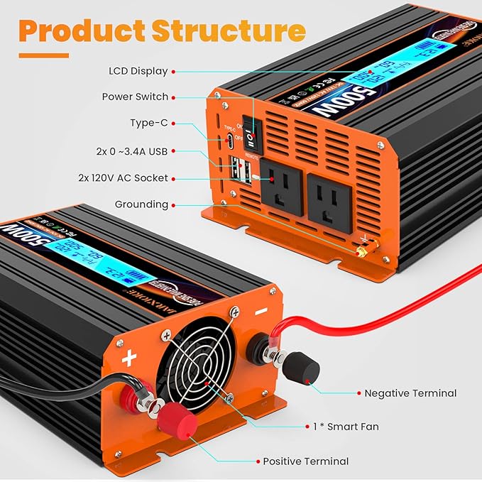 500 Watt Pure Sine Wave Power Inverter 12V DC to 110V 120V Converter for Home, RV and Off-Grid Solar Systems with Type-C Port, 2 AC Outlets, 2 USB Ports, LCD Display