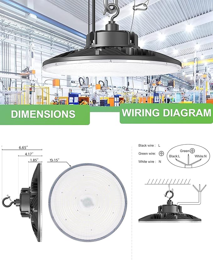 300W UFO-LED-High-Bay-Light, UL & DLC Listed 5000K Daylight 43500LM, 0-10V Dimmable LED High Bay Lights AC100-277V, IP65 Waterproof Commercial Bay Lighting Fixture for Warehouse Workshop