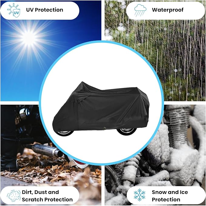 Deluxe Motorcycle Cover, Waterproof All Weather Outdoor Protection Universal Motorcycle Cover, Fade & Tear Proof Polyester fits Motorbike up to 90" L