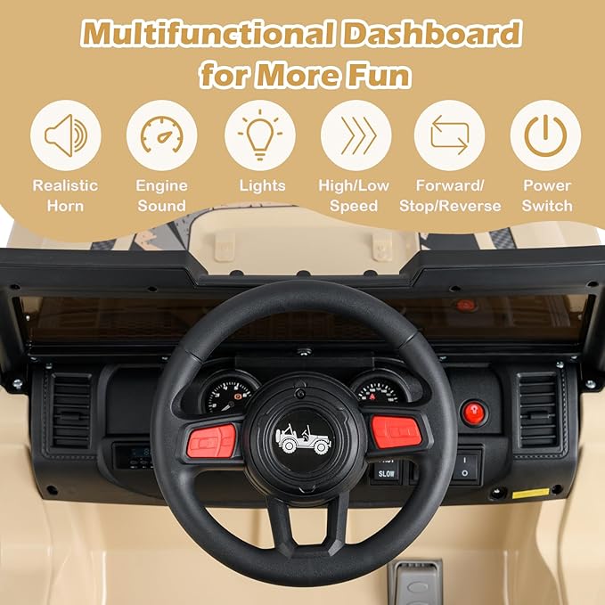 INFANS Kids Ride on Car Truck with 2.4G Remote Control, 12V Battery Powered Electric Cars for Kids w/3 Speeds, Battery Display, LED Lights, Safety Belt, Music & Horn, Bluetooth/FM/USB (Khaki)