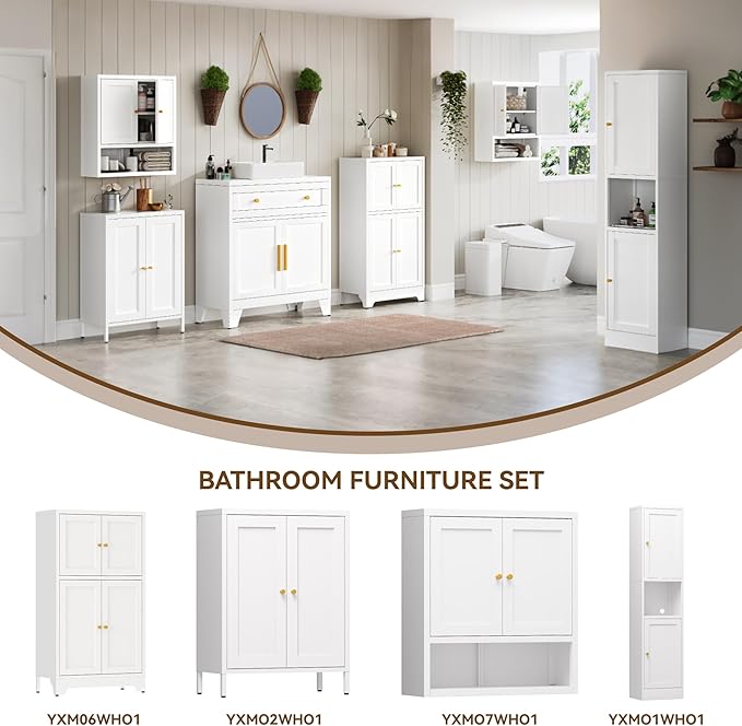 Metal Bathroom Storage Cabinet, Metal Storage Cabinet with 2 Adjustable Shelves & 2 Doors,Freestanding Sideboard for Small Spaces (White, Wall Cabinet-22.59" H)