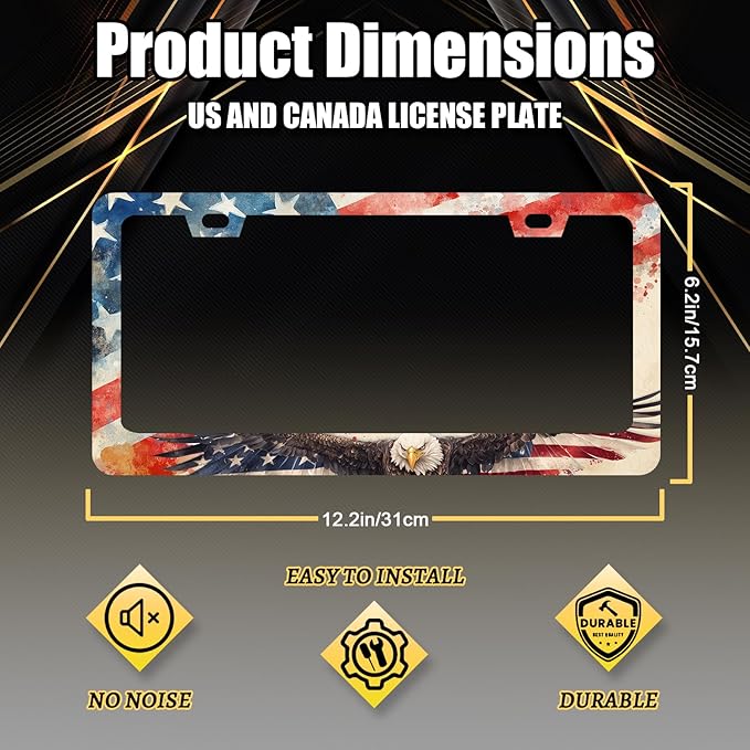 Eagle American Flag License Plate Frame Patriotic Eagle License Plate Holder Stainless Steel Funny Design with 2 Holes and Screws 12.3" x 6.3"
