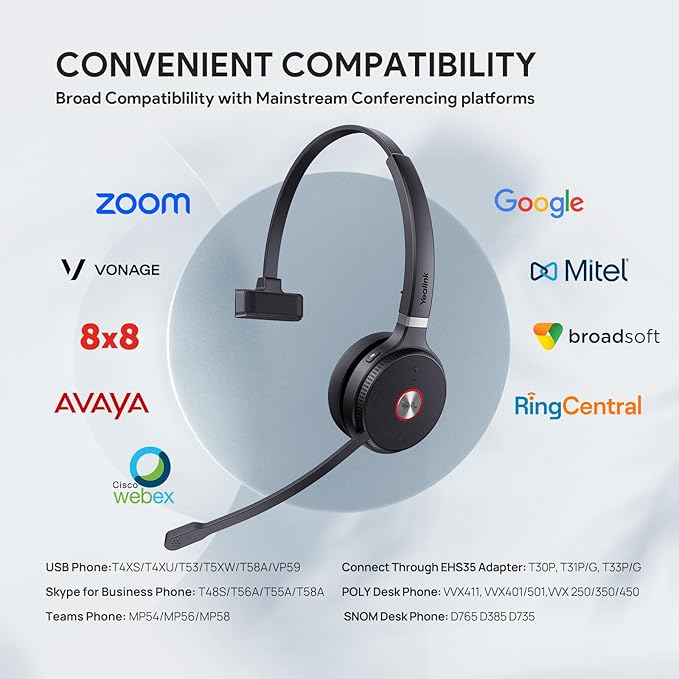 Yealink WH62 DECT Mono Teams Wireless Headset, 525 ft Range Work Headphone with 2X Noise Canceling Mic for IP Phone and Computer, Single Ear Headset with Call Control, Ringer,13H Talk Time
