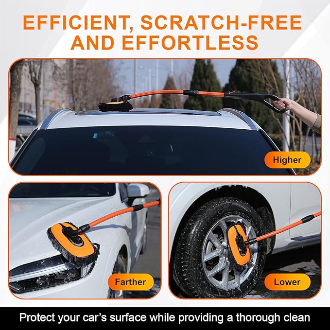 Car Wash Brush with Long Handle, 47" Car Wash Mop with Grip Handle, 2 Replaceable Microfiber Mop Heads and 1 24*63" Car Cleaning Towel for Car Washing, Truck, SUV, Boat, RV Roof