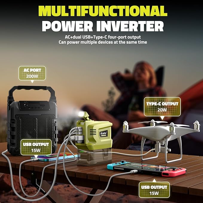 200W Portable Power Inverter Compatible with Ryobi 18V,Ecarke Outdoor Generato Battery Converter with 2 USB&LED&AC Battery Powered Outlet,Convert DC 18V/20V to AC 110V-120V Portable Power Station
