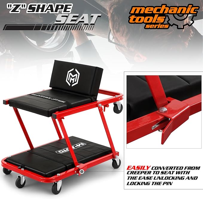 M-AUTO Heavy-Duty Convertible Mechanic Creeper, Z-Creeper 2-in-1 Creeper and Seat 48" Padded Adjustable Headrest Roller Garage Chair with 7 Swivel Casters for Washing, Detailing, Maintenance, Red