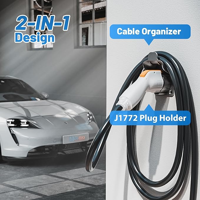 MECMO EV Charger Holder SAE J1772 Wall Mount Charging Cable Hanger Organizer, Nozzle Holster Dock Electric Vehicle EVSE PHEV Car Plug Space Saving Garage Wall Connector Cord Hook for Outdoor Indoor