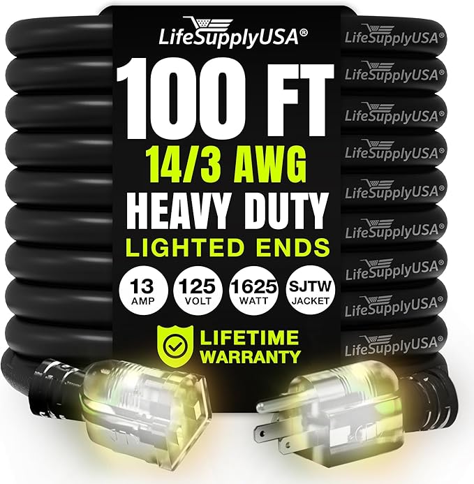 100ft Outdoor/Indoor Extension Cord 14/3 Gauge Heavy Duty 3 Prong SJTW, Waterproof, Flexible Cold-Resistant Long Power Cord,13A 125V 1625W, Black by LifeSupplyUSA