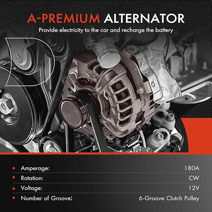 A-Premium Alternator Compatible with Chrysler 300 11-21 & Dodge Challenger 15-21, Charger, Durango & Jeep Grand Cherokee 11-20 & Ram 1500, 3.6L, 12V 180A CW 6-Groove Clutch Pulley, Replace# 4801778AF