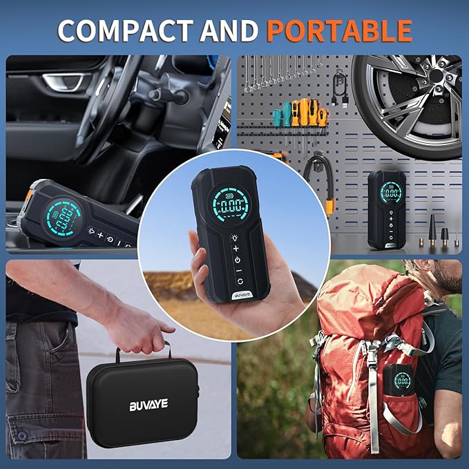 5000A Jump Starter with Air Compressor, 150PSI Battery Jumper Starter Portable for All Gas and 10.0L, 12V Car Jump Starter with Jumper Cable 3 Modes Flashlight and EVA Bag