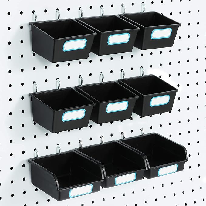 FRIMOONY Pegboard Bins with Hooks and Labels, for Organizing Accessories, 6 Pack Type A and 6 Pack Type B, Black