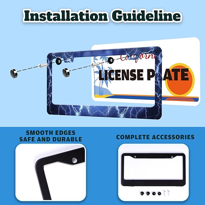 Blue Lightning License Plate Frame Funny Thunder License Plate Holder for Front or Rear Car Tags Reusable Durable Stainless Steel Car Decoration with Screws 6.3 X 12.2 Inch for Men Women