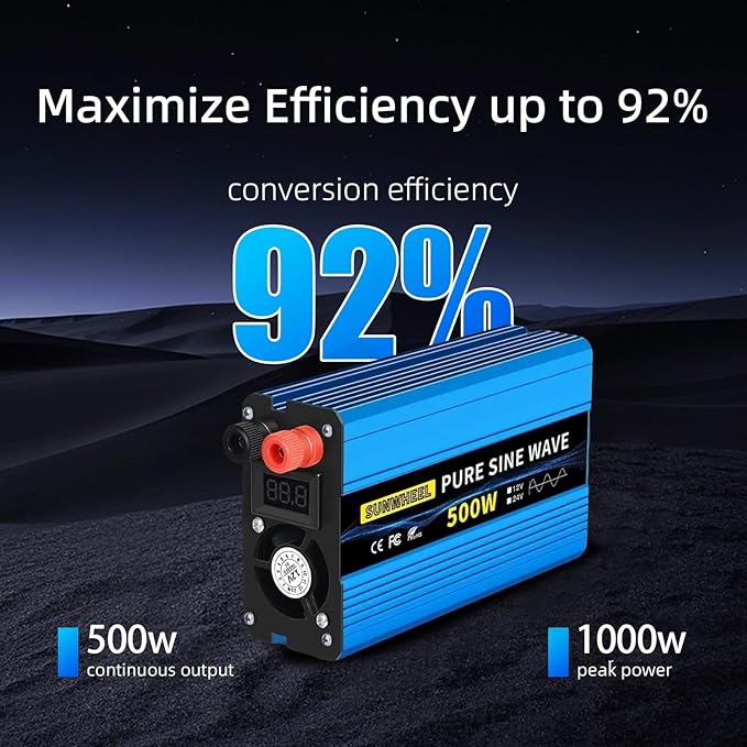 SUNWHEEL 500W 24V Pure Sine Wave Inverter, DC 24V to AC 110V/120V Car Power Inverter, Peak Power 1000W Car Plug Adapter Outlet Converter with Dual AC Sockets and LCD Display