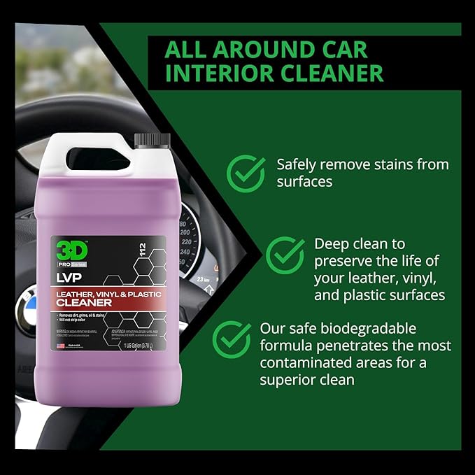 3D LVP Interior Cleaner - Removes Dirt, Grime, Grease, Oil & Stains from Leather, Vinyl & Plastic - Great for Seats, Steering Wheels, Door Panels, Dashboards - Car, Office, Home Use - 1 Gallon