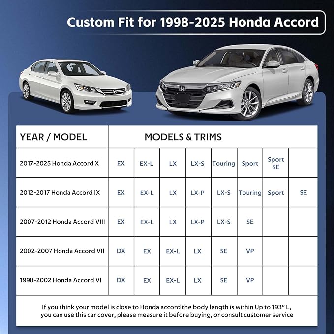10 Layers Car Cover Custom Fit for Honda Accord (2001-2024),Waterproof All Weather for Automobiles, Outdoor Full Cover Sun UV Rain Protection with Cotton.Black