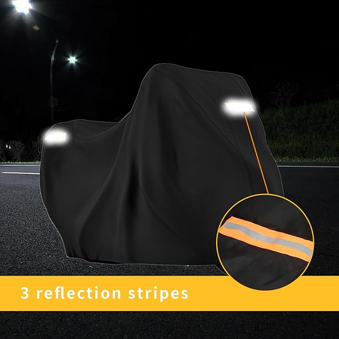 210D Motorcycle Cover All Season Waterproof Breathable Sun Outdoor Protection Three Reflective Tape with Lock-Holes & Storage Bag Bike Scooter Cover Universal (Black, 96.6''*41''*50'')