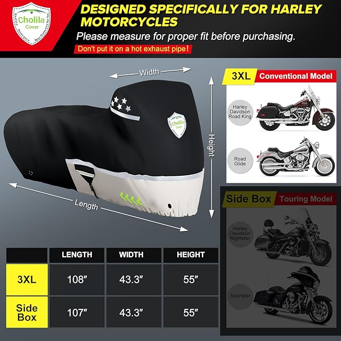 CholilaCover Motorcycle Cover for Touring Models - 600D Harley Davidson Motorcycle Cover Nightster, Sportster, Fat Boy - Waterproof Outdoor Storage - Black+Gray