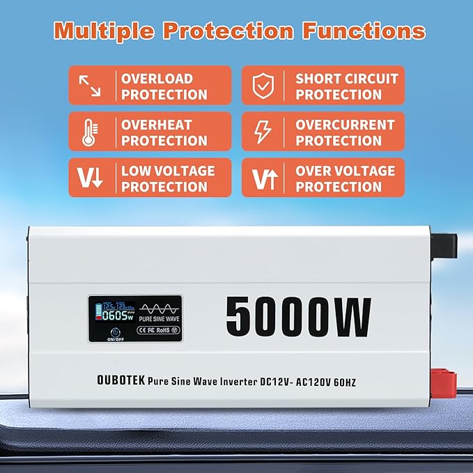 5000 Watts Power Inverter Peak 10KW, Pure Sine Wave 12V DC to 120V AC Off Grid Solar Inverter with Wireless Remote Control LCD Display 4 AC Outlets Hardwire Terminal for Home RV Camping