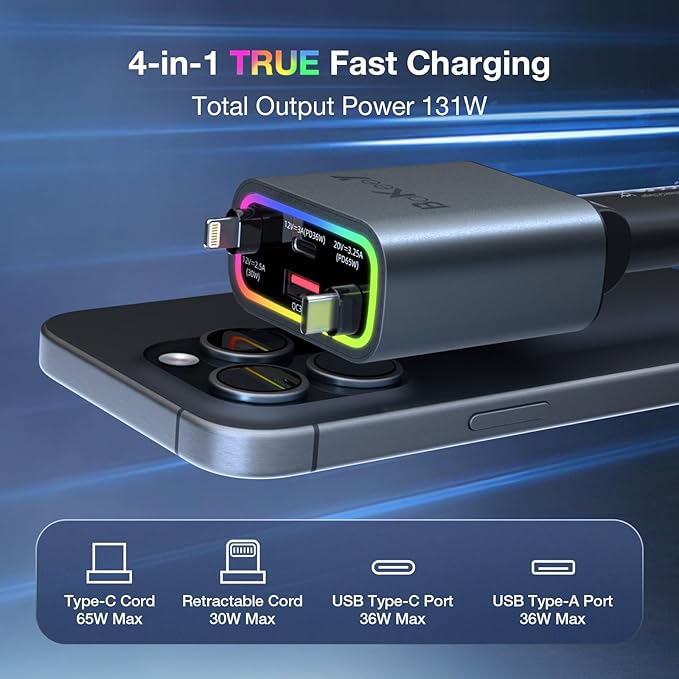 Retractable Car Charger 4 in 1, 131w Cigarette Lighter Adapter USB C, Type C Retractable Fast Charging Car Charger Adapter Multi Port for iPhone16/15/14/13/12/11, Samsung and More