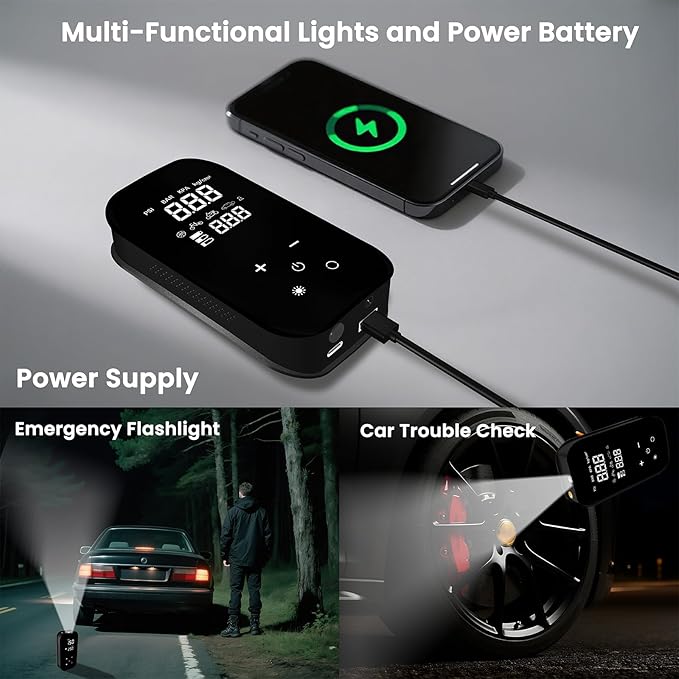 Tire Inflator Portable Air Compressor, 6X Faster 150 PSI 12000mAh Battery Air Compressor, Dual Digital Display Air Pump with Lighting - Portable Tire Inflator for Car, Bicycle, Auto Shut-Off