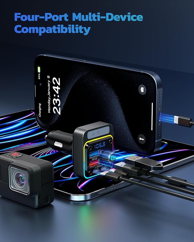 Nulaxy 54W Bluetooth 5.3 Car Adapter Charger 4-Port Fast Charging [PD36W & QC3.0 18W], Wireless Radio FM Transmitter with Deep Bass Player, 5 Colors LED Backlit, Hands-Free Calling, Support USB Drive