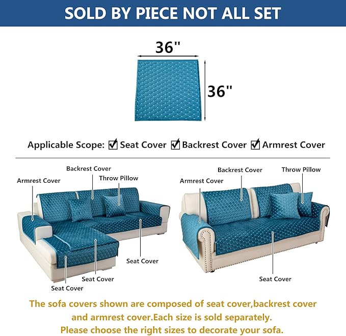 Eismodra Couch Cover,Sectional Couch Covers,Sofa Covers for 3 Cushion Couch,Anti-Slip Sofa Slipcovers for Dogs Cats Kids Loveseat Recliner L Shaped Armrest Backrest,Blue 36''x36''(Only 1 Piece)