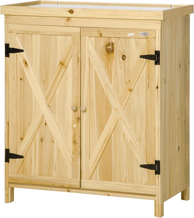Garden Storage Cabinet, Outdoor Tool Shed with Galvanized Top and Two Shelves for Yard Tools or Pool Accessories, Natural
