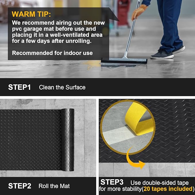 7.5x20 FT Garage Floor Mat, 2.8mm Thickened Flooring Roll with 20Pcs Tapes, Diamond Plate PVC Rubber Trailer Mat, Non-Slip Floor Protector Mat for Garage, Warehouse, Gyms, Trailer(Black)