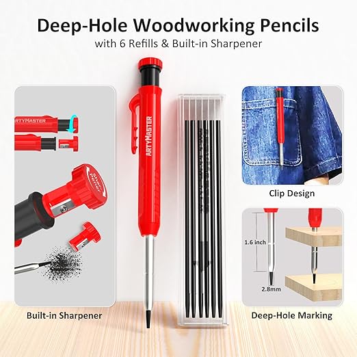 8 inch 3D Multi-Angle Measuring Square Ruler, WT103B High Precision Hole Scribing Woodworking Tools, 0-90° Aluminum Alloy Carpenter Square Wood Working Tools, Carpenter Pencils 6 Refills.