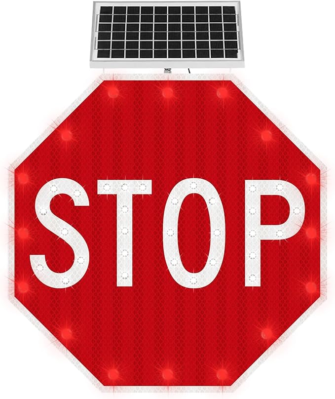30" Solar Stop Sign Solar Powered LED Blinking Reflective Street Traffic Warning Sign Octagon Rust-proof Metal Frame
