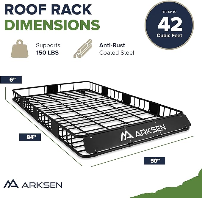 ARKSEN 84 x 50 x 6 Inch Universal Extra Wide 150LB Heavy Duty Roof Rack Cargo with 500D PVC Waterproof Cargo Bag, Car Top Luggage Holder Carrier Basket for SUV, Truck, & Car Steel Construction