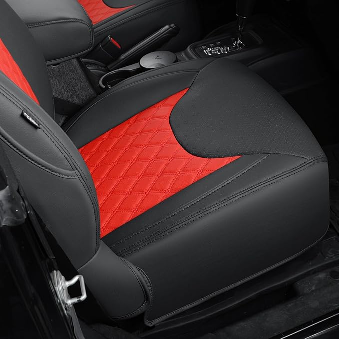 GIANT PANDA Customized Full Set Car Seat Covers for Jeep Wrangler 2 Door JK Sport Sahara Rubicon Freedom Willys Wheeler 2013 2014 2015 2016 2017, Faux Leather - (Black+Red)