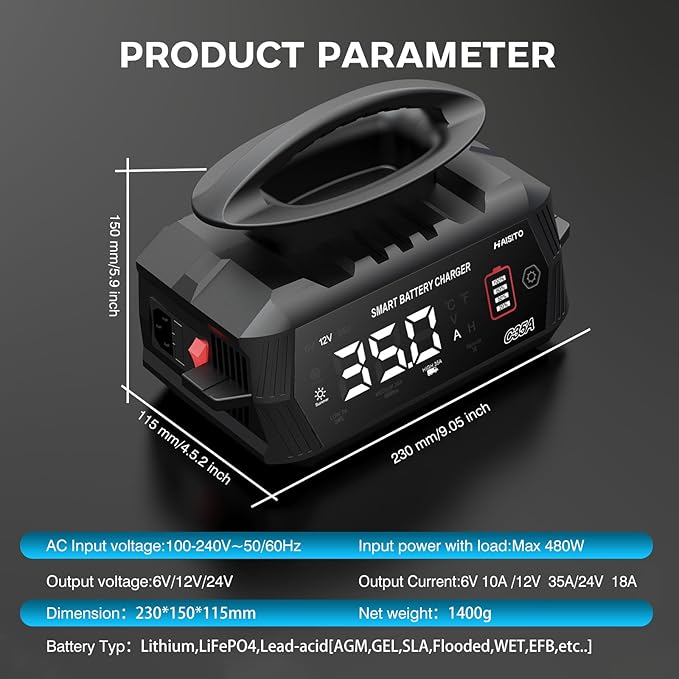 35 Amp Battery Charger, 6V/12V/24V Smart trickle Charger,car Battery Charger,Lithium, Lifepo4, Lead Acid (AGM/Gel/SLA...) Battery maintainer, desulfurizer, for:car, Boat, Motorcycle,Lawn mowers..
