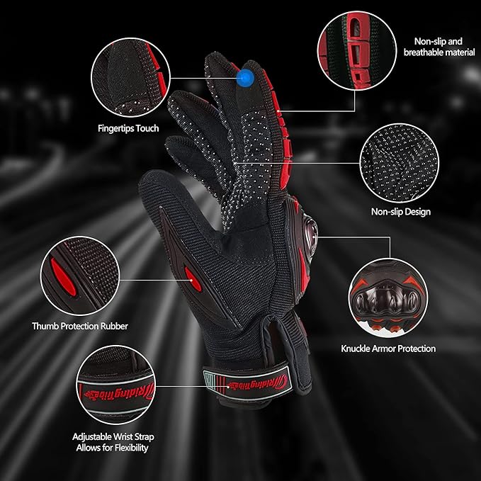 Motorcycle Gloves for Men and Women Full Finger Touchscreen Mountain Dirt Bike Gloves for Powersports BMX ATV MTB Driving Motocross Cycling Gloves(XL, Red)