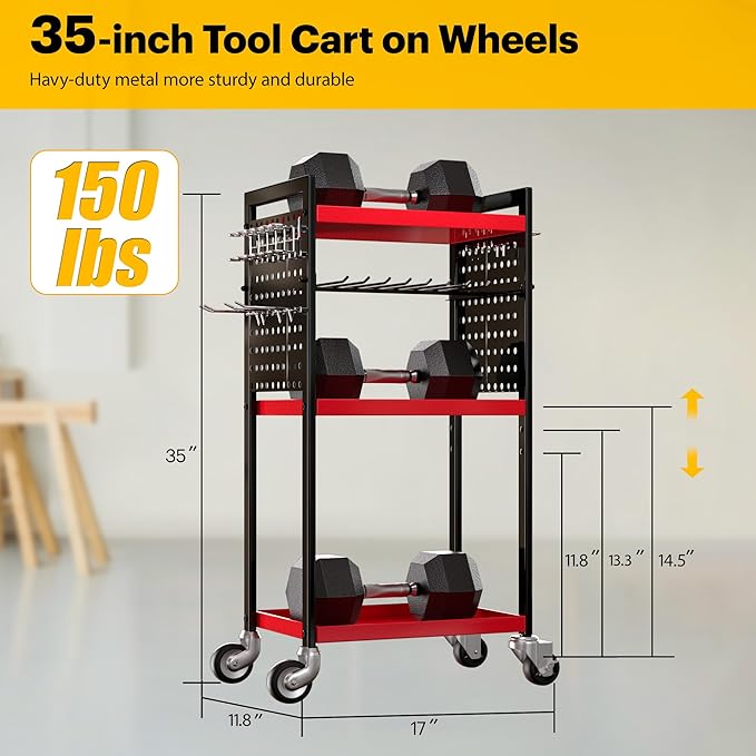 Power Tool Organizer Cart, Garage Tool Storage, Heavy Duty 4 Tier Floor Standing Rolling Shelf with Wheels, Mobile Workbench for Garage Workshop Home Repair, Gift for Father Men Husband, Red