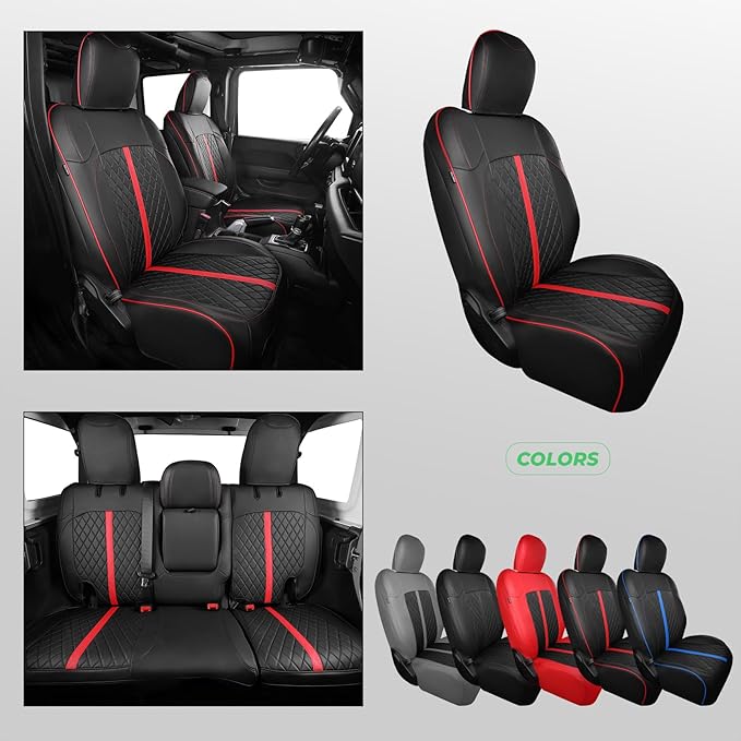 for Jeep Wrangler Seat Covers 4Door JL 2018 2019 2020 2021 2022 2023 2024 2025, Custom Car Seat Cover Full Set, Luxury Waterproof Leather Seat Protectors, Black Red Trim, With Rear Cup Holder