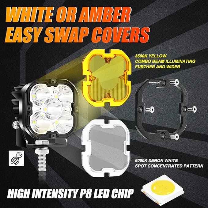 Auxbeam XP-Ultra Series 3 Inch LED Pods 80W 9600LM Offroad Driving Lights White Spot & Amber Combo Beam Ditch Light Bar Auxiliary Lights for Jeep Truck ATV UTV, Pair